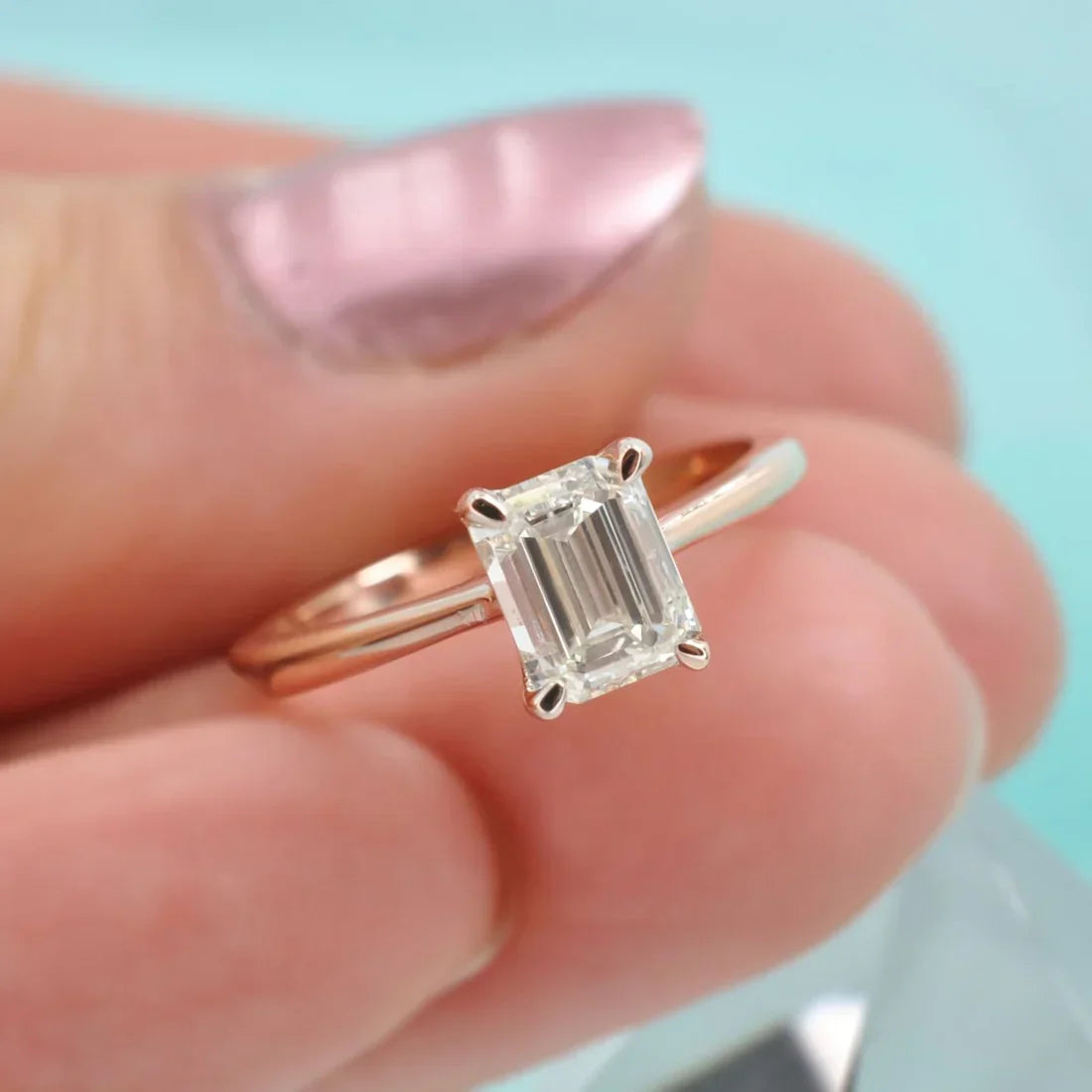 1 CT Emerald Cut Lab Grown Diamond Engagement Ring 18K Rose Gold Vintage Unique Double Prongs Ring Minimalist Anniversary Wedding Ring.