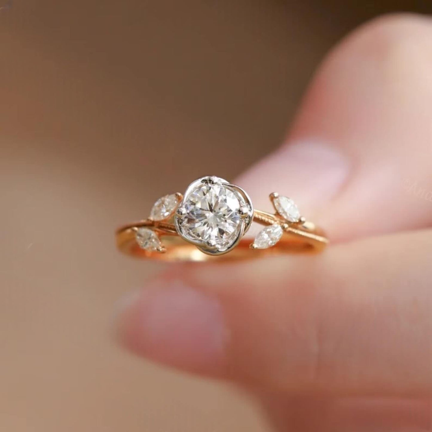 Vintage Rose Flower Diamond Engagement Ring