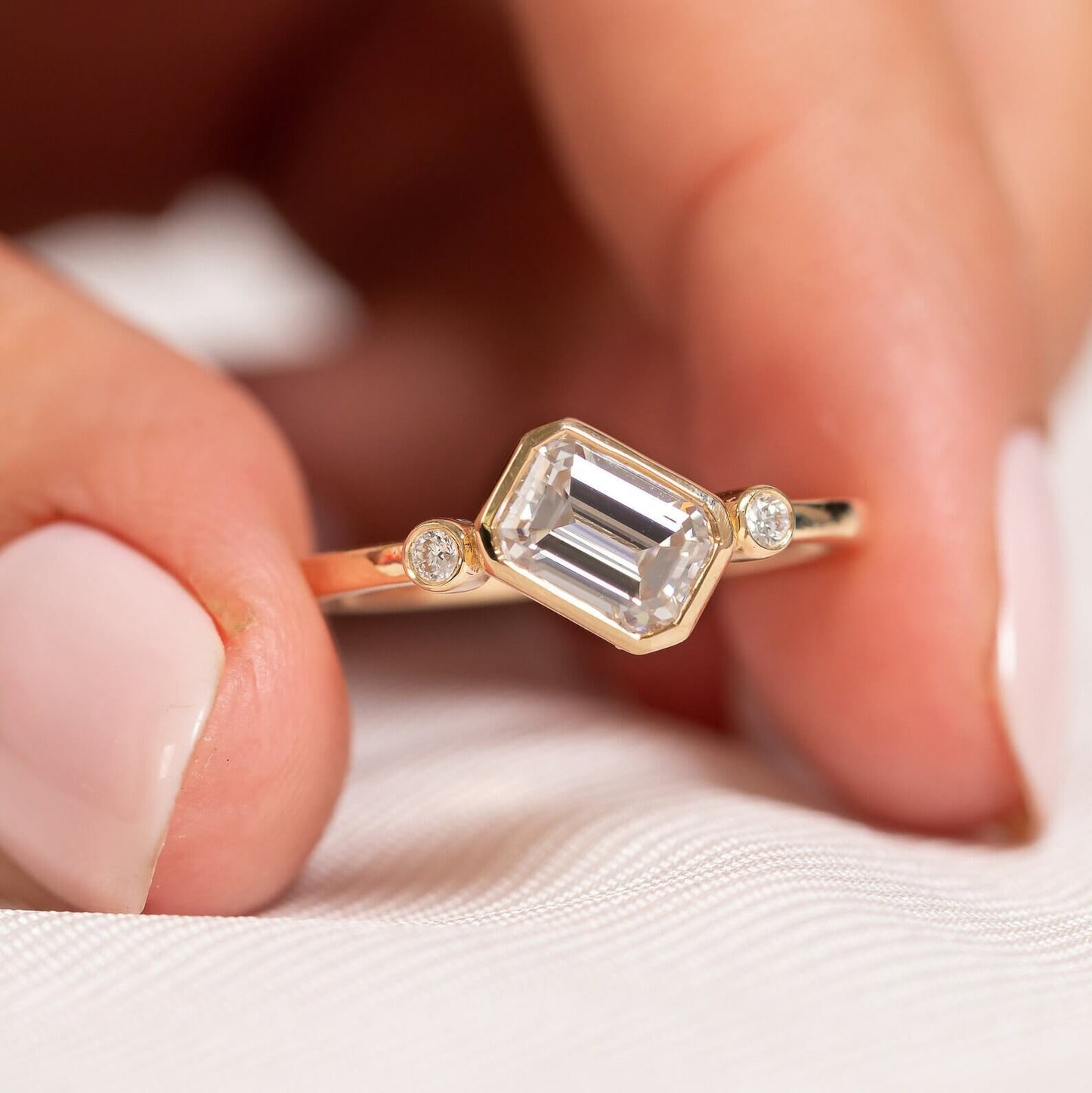 Man-Made Diamond Gold Ring with Emerald-Cut Solitaire
