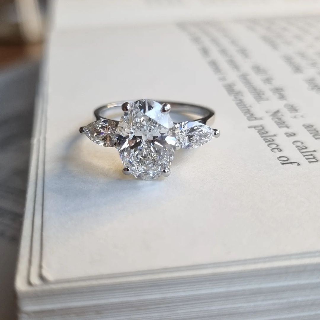 3 CT Oval Cut Lab Grown Diamond Engagement Ring. A vintage Art Deco design with three stone, a dainty promise and anniversary gift for her.
