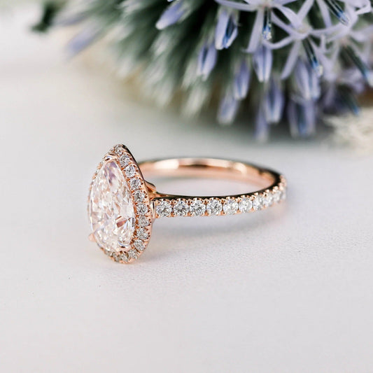 2 CT Pear Cut Lab Grown Diamond Engagement Ring Halo Ring 18K White Gold Pave Setting Ring Gift for Her Art Deco Wedding Ring Gift