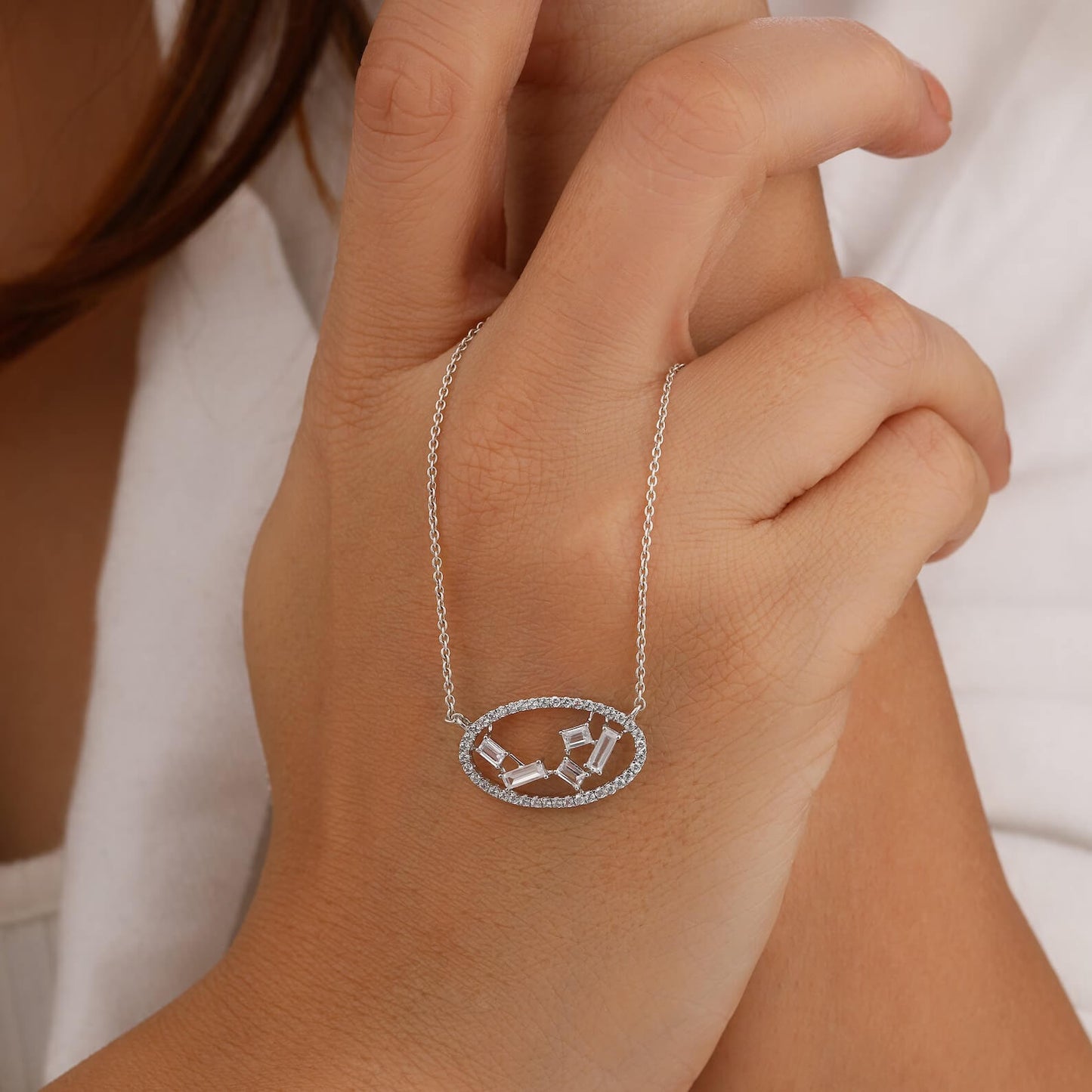 Round and Baguette Lab Grown Diamond Pendant Necklace
