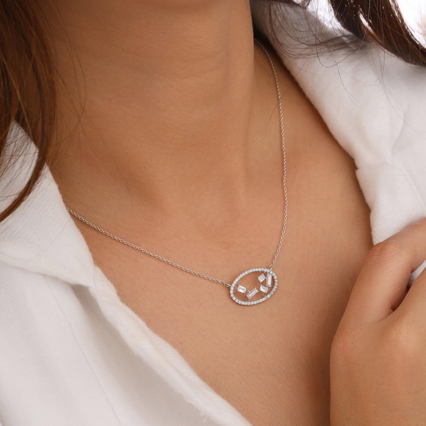 Round and Baguette Lab Grown Diamond Pendant Necklace