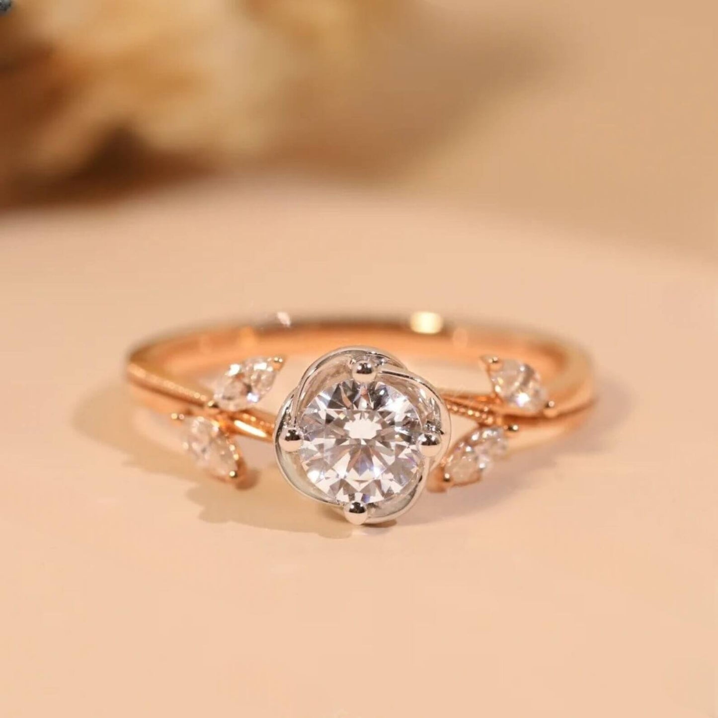 Vintage Rose Flower Diamond Engagement Ring