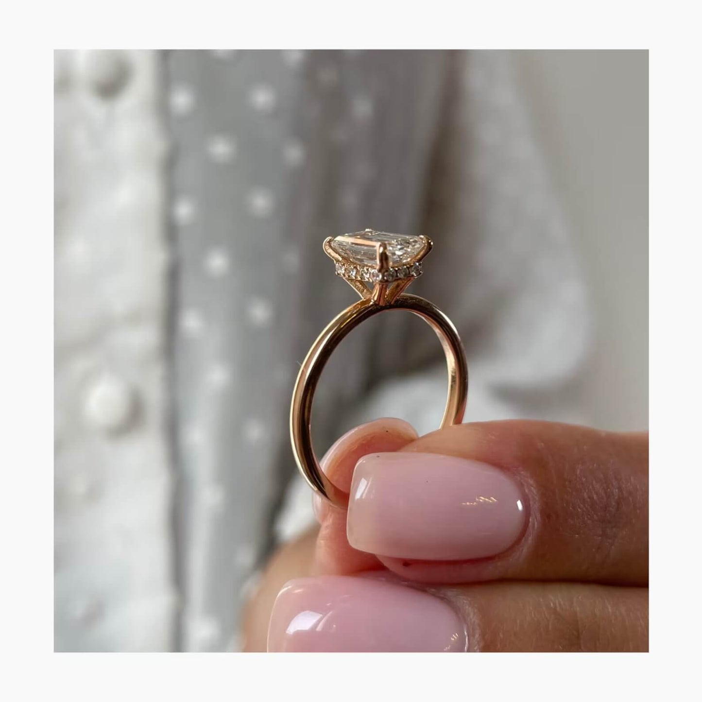 Sophisticated Elegance Hidden Halo Ring with Emerald Cut CVD Diamond