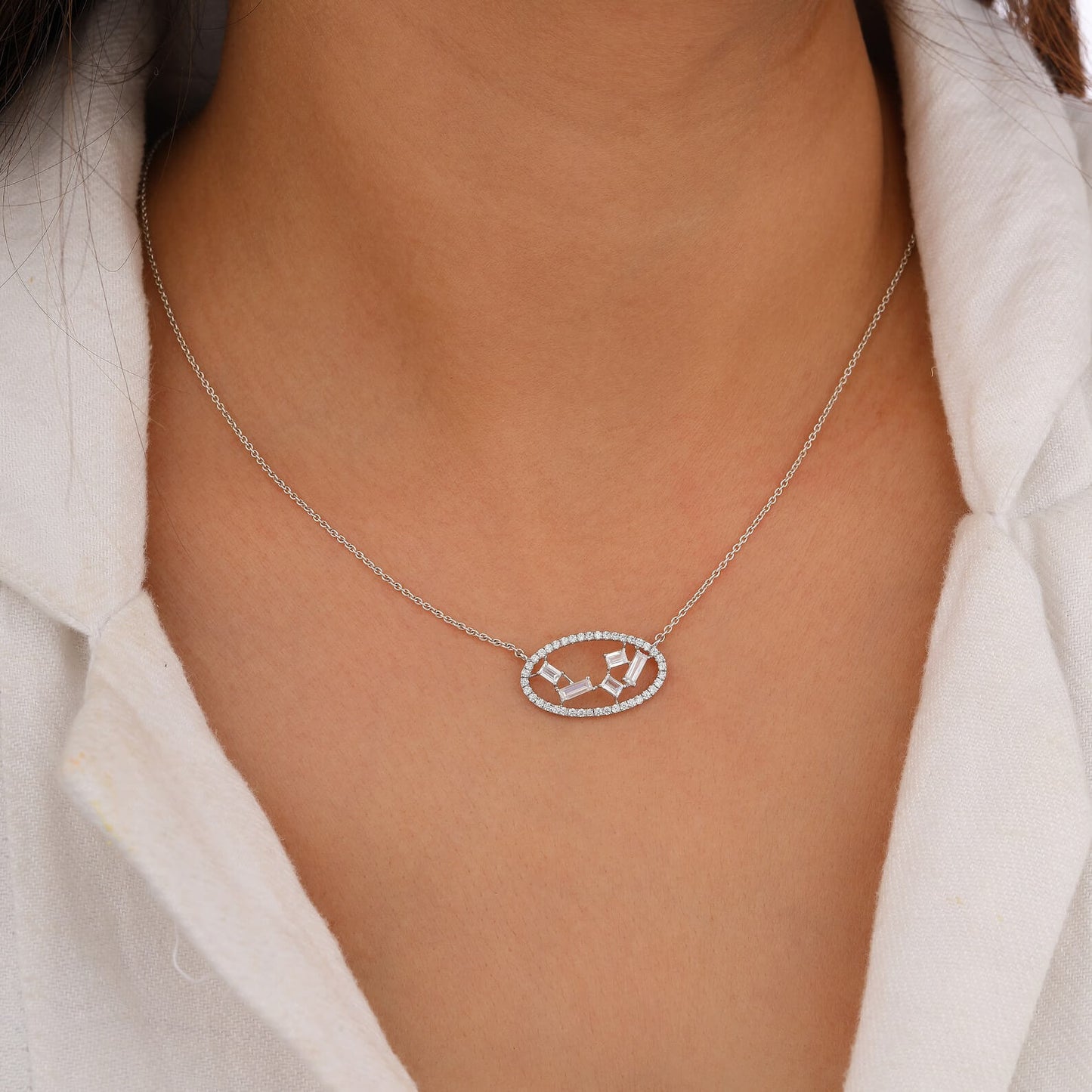 Round and Baguette Lab Grown Diamond Pendant Necklace