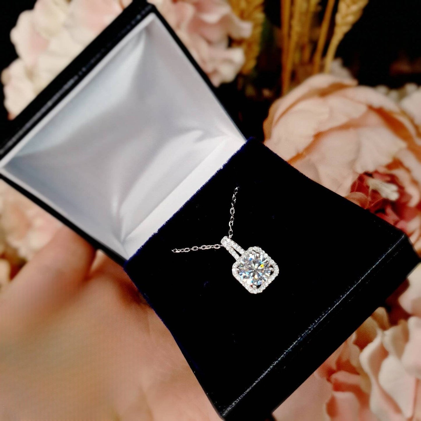 Unique Square Halo Lab Grown Diamond Necklace