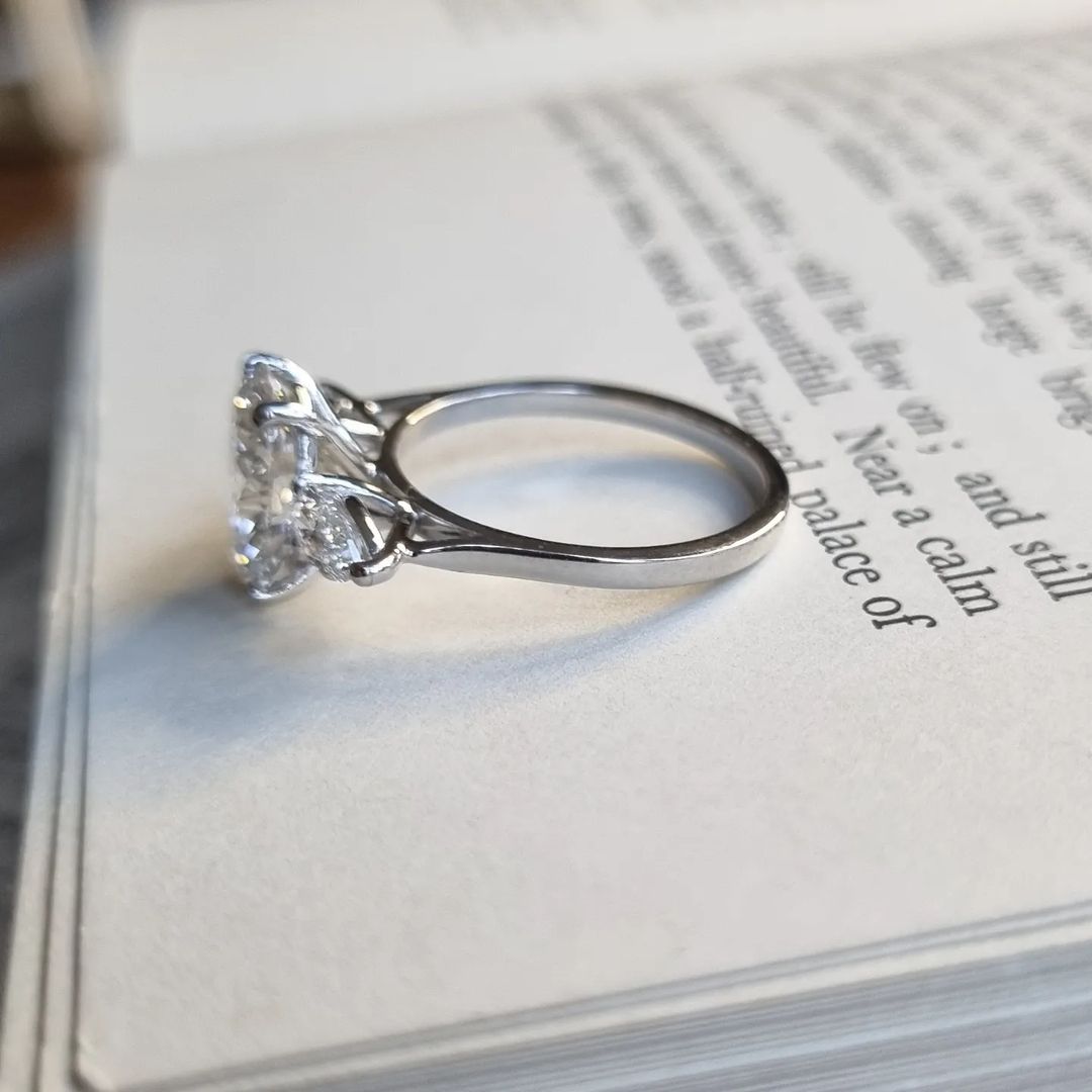 3 CT Oval Cut Lab Grown Diamond Engagement Ring. A vintage Art Deco design with three stone, a dainty promise and anniversary gift for her.
