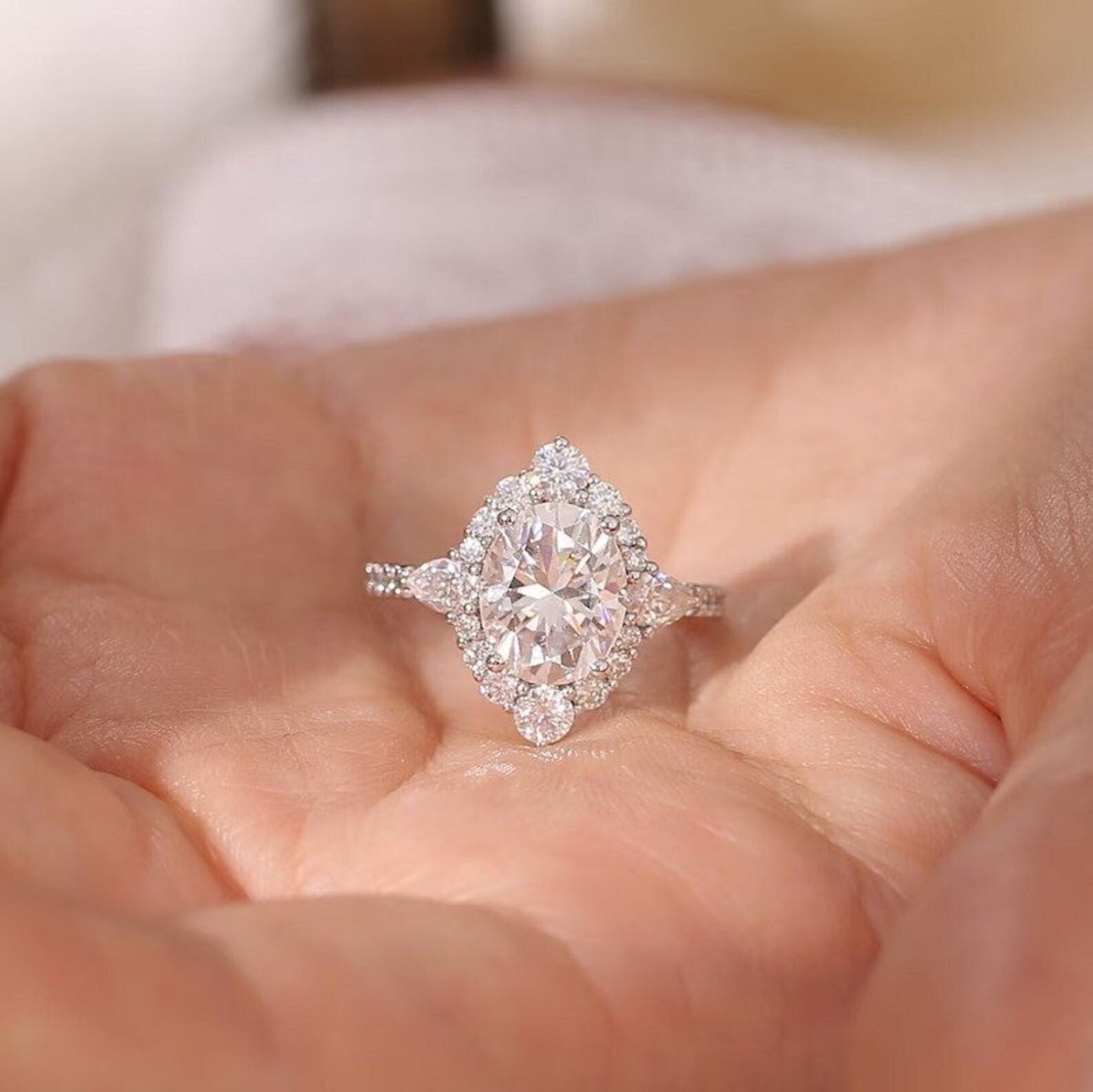3 CT Oval Cut Lab Grown Diamond Engagement Ring Bridal Set with a dazzling pave setting. The perfect Anniversary Day gift set for her.